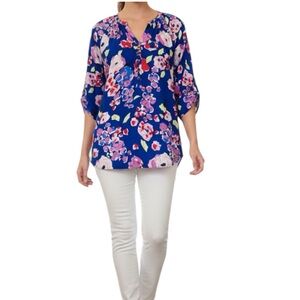 Yumi Kim Multi Color Floral 3/4 Roll Tab Sleeve Button Up Blouse Size Small